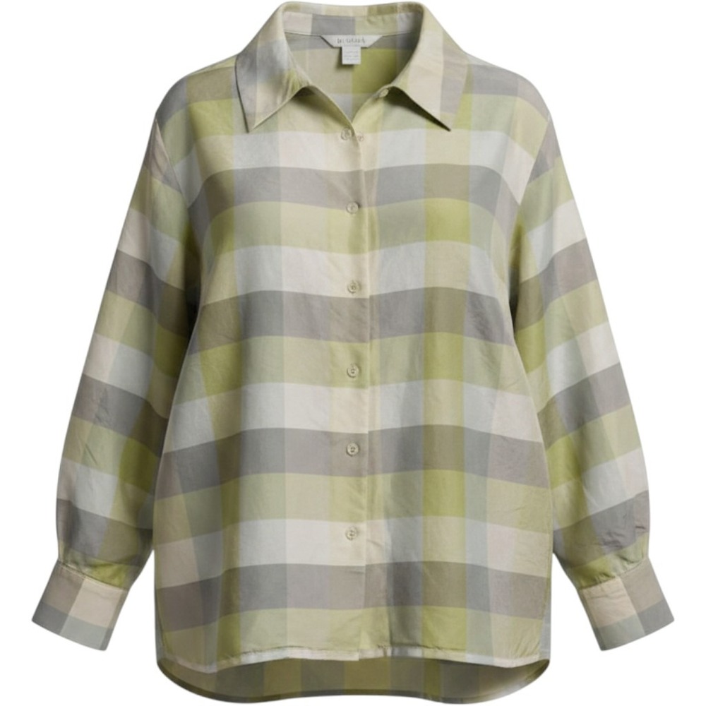 Nygard Collection Womens 20 Silk Button Up Blouse Green Plaid Long Sleeve